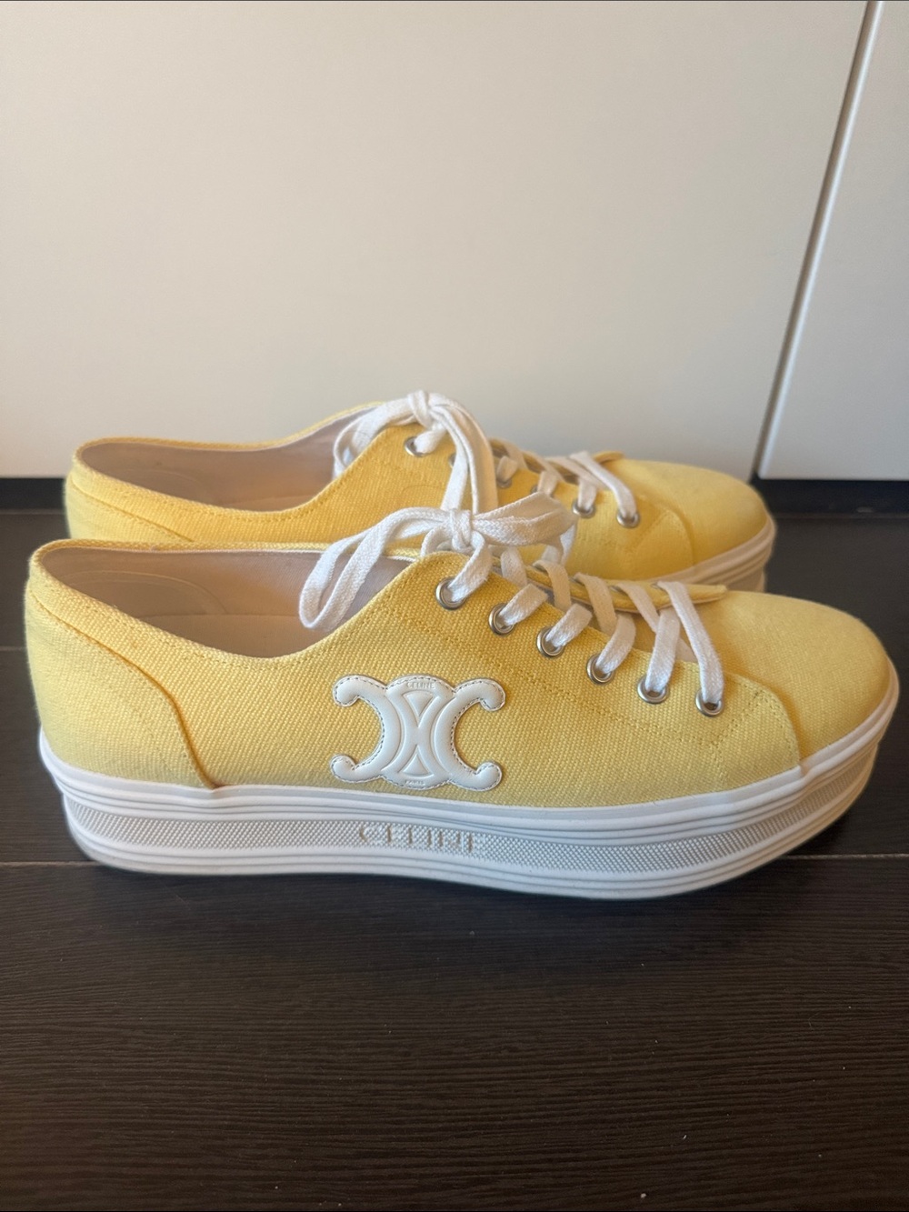 Celine Jane Triomphe Yellow Canvas Platform Sneakers